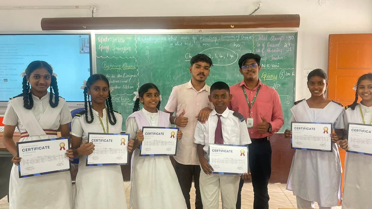 Founders with students proudly holding their NextSkill Academy certificates of completion after an AI workshop — Class 2, 3, 4 and 14.