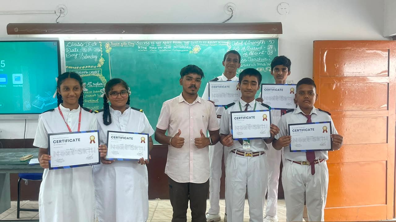 Class 9A students with the NextSkill founder after receiving their certificates for completing the AI & digital skills programme.