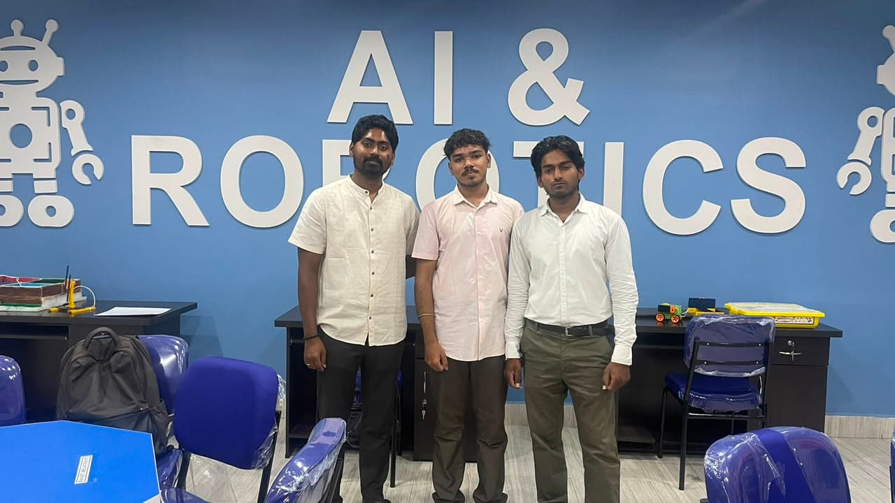 NextSkill Academy founders at an AI & Robotics lab, exploring hands-on technology environments for future student workshops.