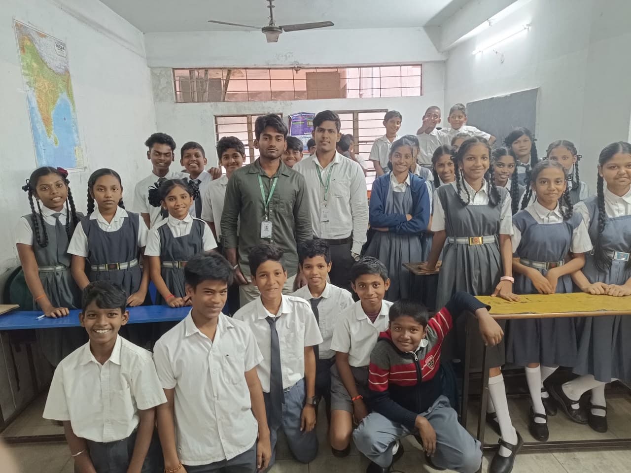 NextSkill founders with a full classroom of students during one of their regular school outreach visits across Visakhapatnam.